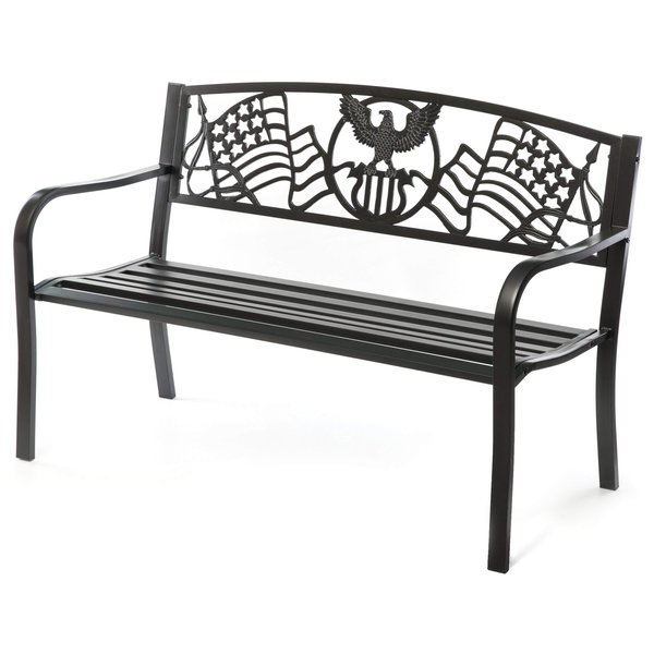 Gardenised Steel Outdoor Patio Garden Park Seating Bench with Cast Iron Patriotic American Flag and Eagle Backrest, Front Porch Yard Bench Lawn Decor QI003710